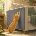 Orange tabby scratching a gray Mossweave furniture protection mat on a sofa