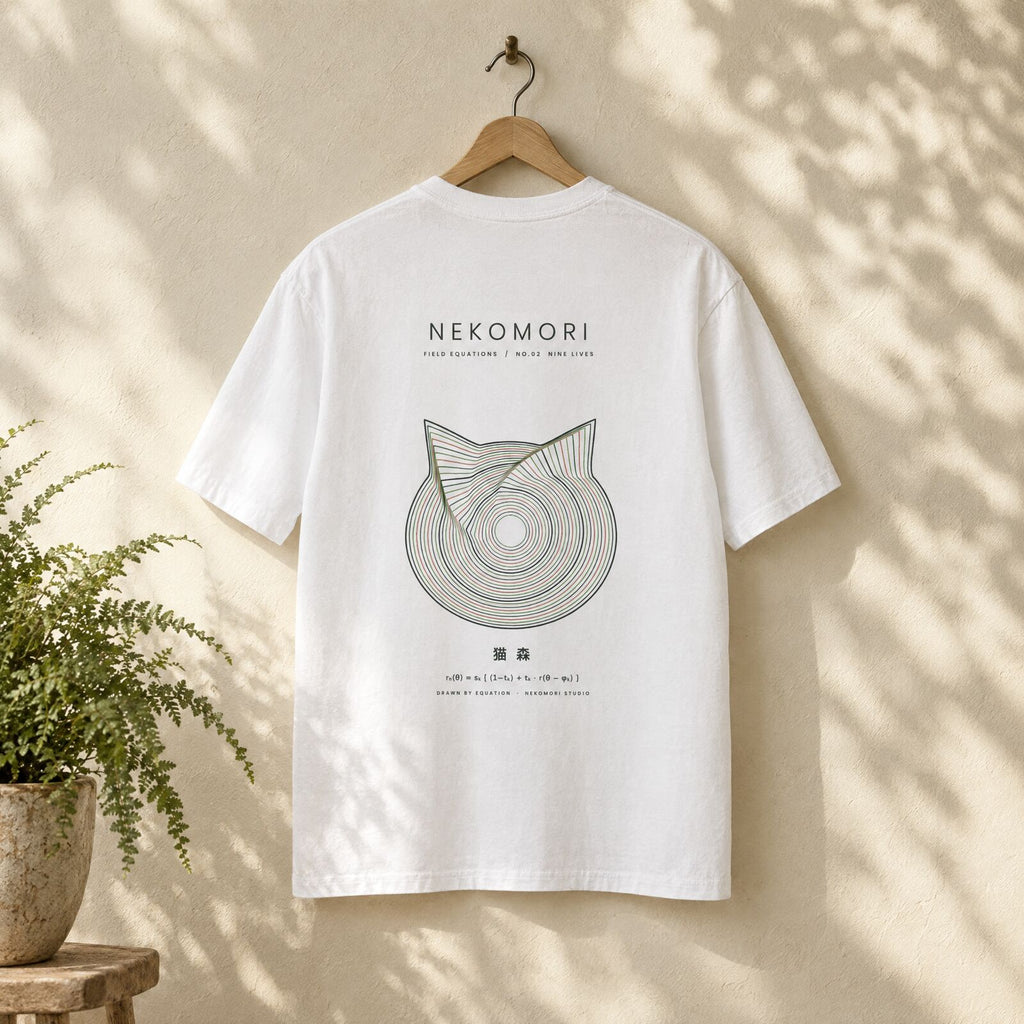 Generated mockup: the Nine Lives tee on a wooden hanger against a cream plaster wall, print facing out, beside a potted fern.