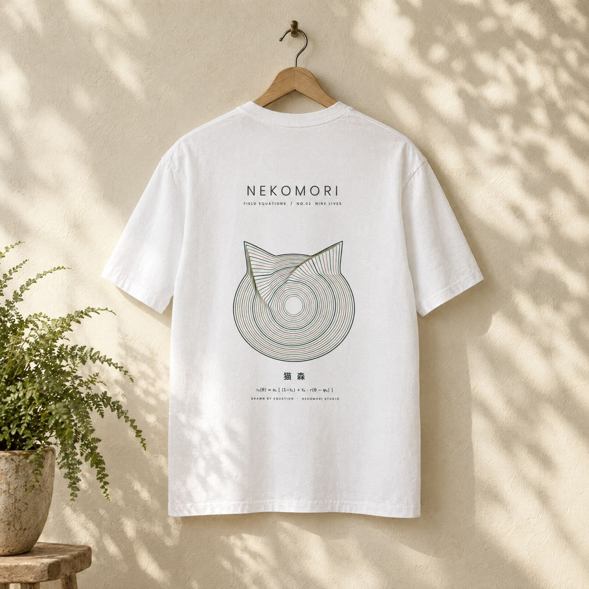 Generated mockup: the Nine Lives tee on a wooden hanger against a cream plaster wall, print facing out, beside a potted fern.