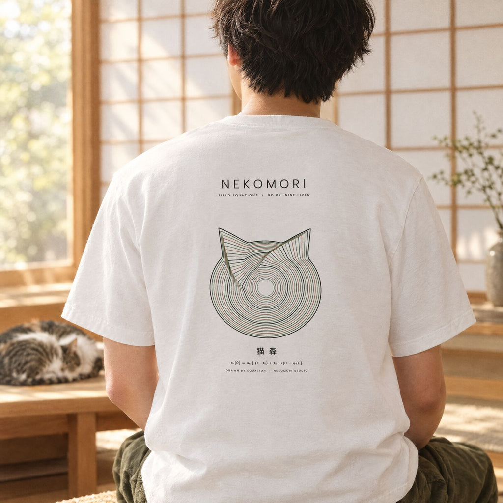 Generated mockup: a person seen from behind in a sunlit room with paper shoji screens, wearing the Nine Lives tee with its back print, a cat asleep on an oak bench nearby.