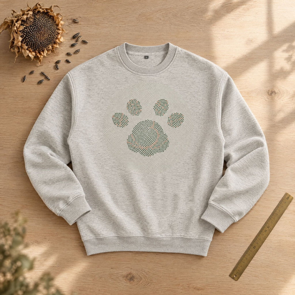 Generated mockup: the oat-grey Phyllotaxis sweatshirt laid front-side up on a pale oak table beside a dried sunflower head, a few seeds and a brass ruler.