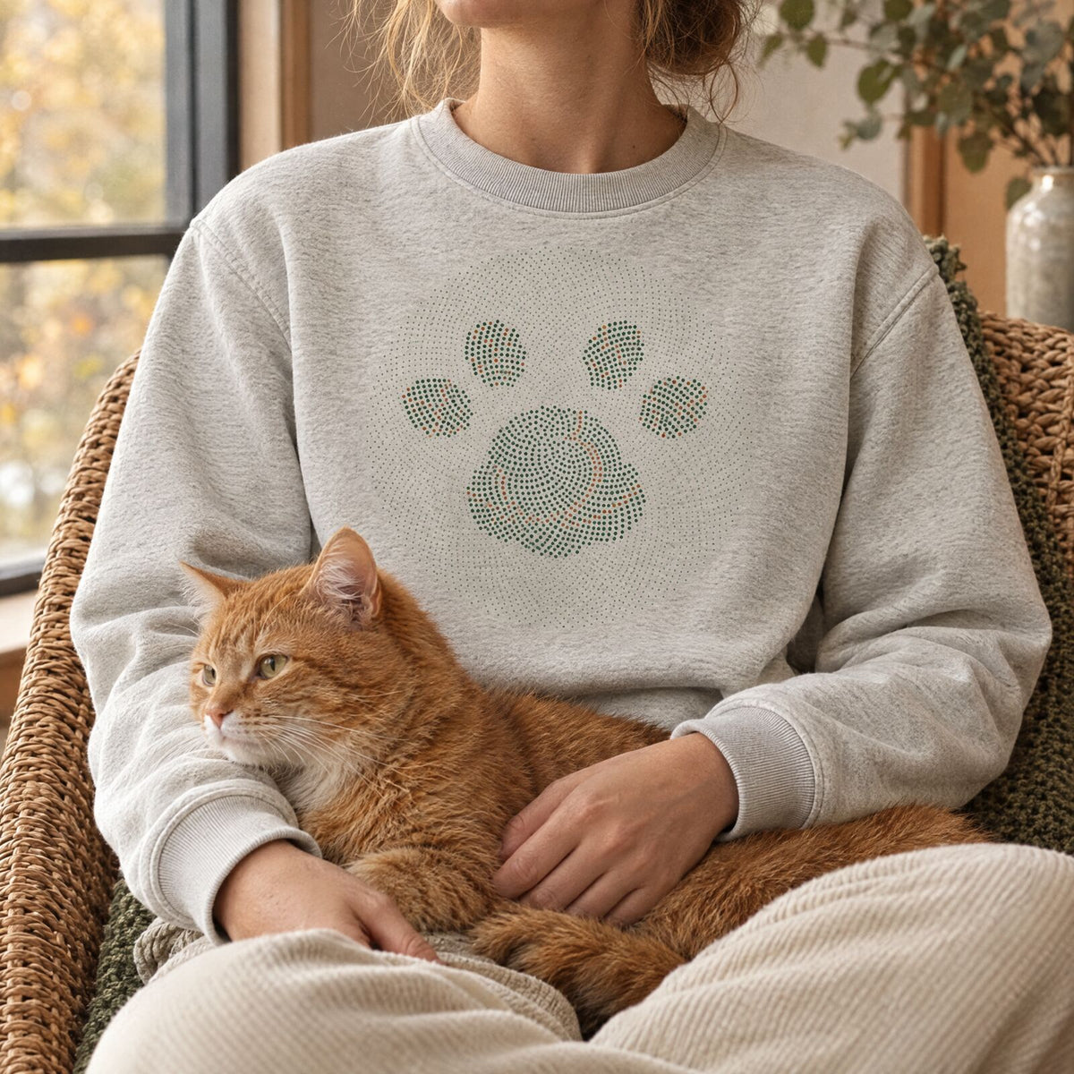 Generated mockup: a person in a woven chair by a large window with a ginger cat on their lap, wearing the oat-grey Phyllotaxis sweatshirt with its spiral-dot paw print.
