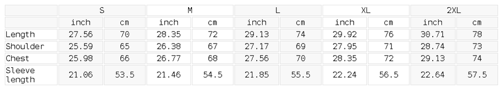 Size guide chart for the Cat Forest heavyweight fleece hoodie, listing body measurements in inches and centimetres for sizes S to 2XL.