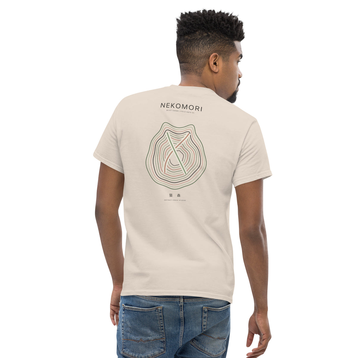 Second back view of the natural cat tee, the contour-line cat print centred across the shoulder blades.