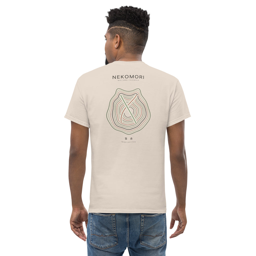 Natural cat t-shirt laid flat from the back, showing the full contour-line cat print in forest green and rust.