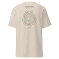 Back of a natural unisex cotton tee printed with a large topographic contour-line cat graphic crossed by a single diagonal.