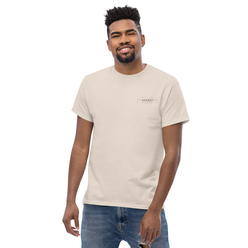 Second front view of the natural unisex cat tee in undyed 100% cotton with the cat-and-sprout chest mark.