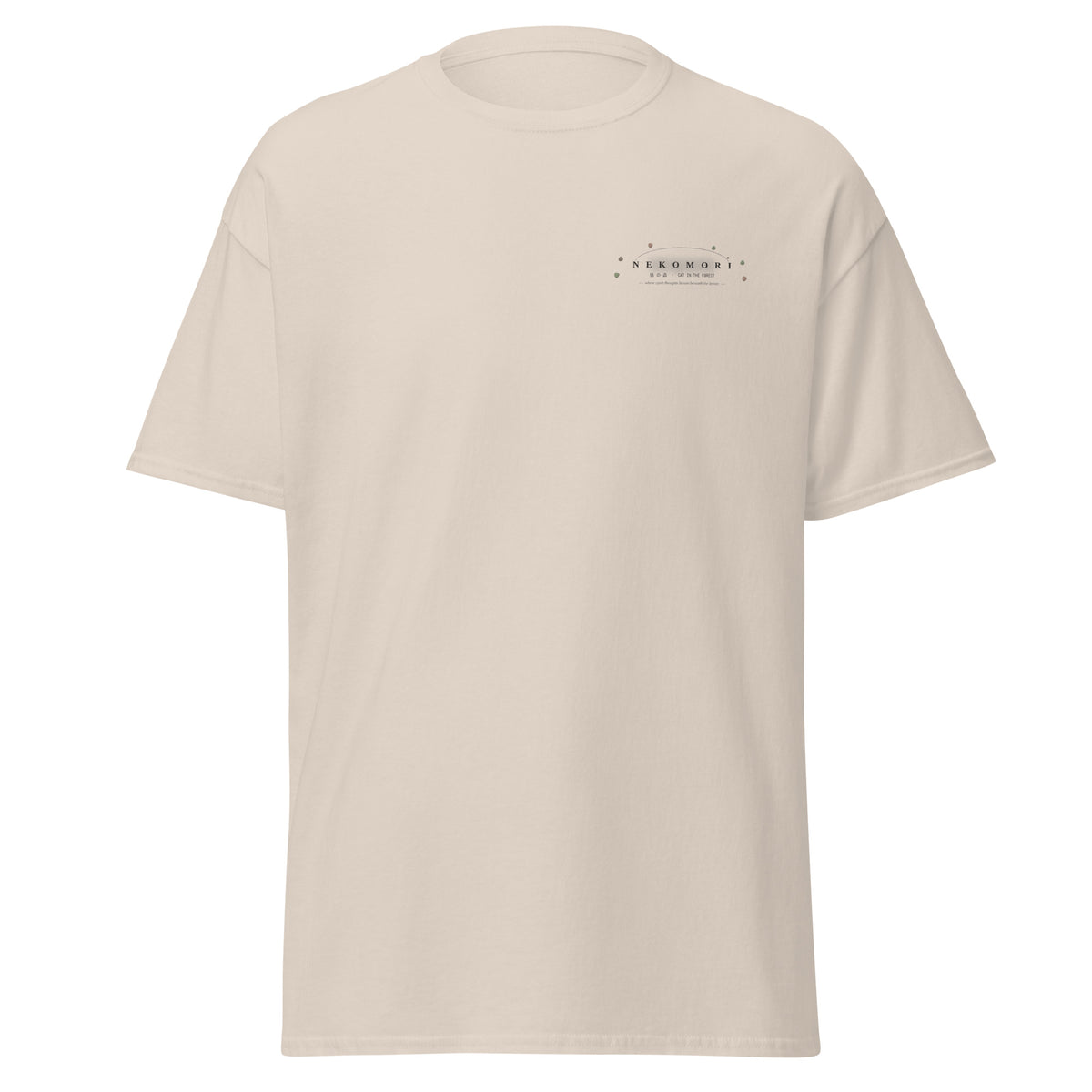 Front of a natural unisex cotton tee with Nekomori's circular contour-line cat and sprout mark at the left chest.
