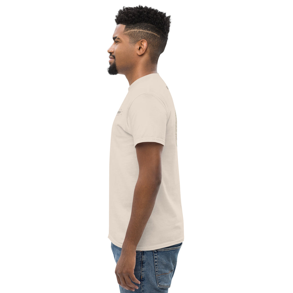 Left profile of the natural Contour Cat tee, showing the tubular body and classic unisex cut.