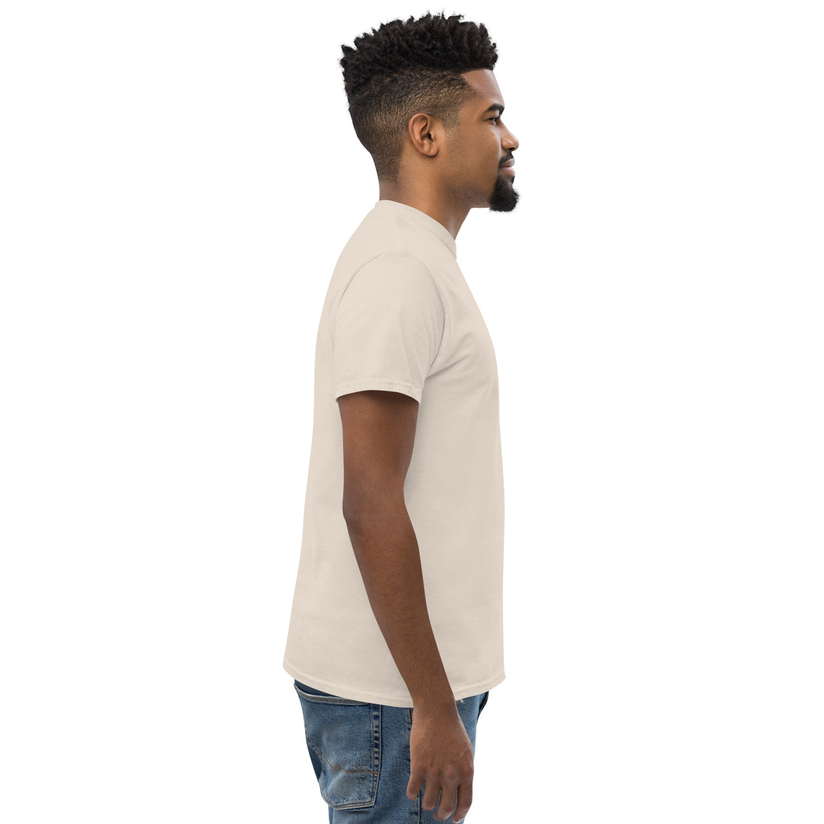Right profile of the natural Contour Cat tee, showing the shoulder line and short sleeve.