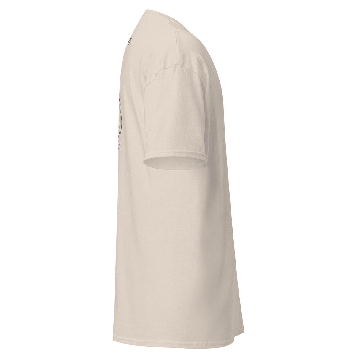 Natural Contour Cat line-art t-shirt seen from the right side, showing the double-seamed sleeve and the back print edge.