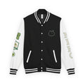 Front of the Quiet Forms letterman jacket in jet black with arctic white sleeves, showing the watercolor cat-in-a-teacup chest motif and striped ribbing.