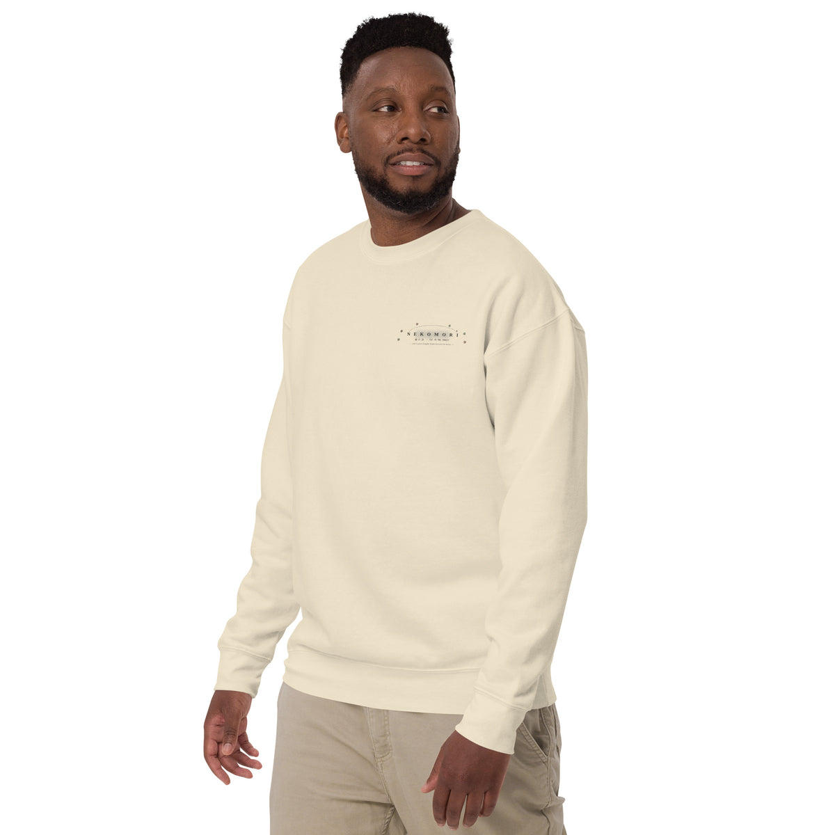 Bone Contour Cat line-art sweatshirt shown from the front left, showing the ribbed cuffs and the small cat-and-sprout chest mark.