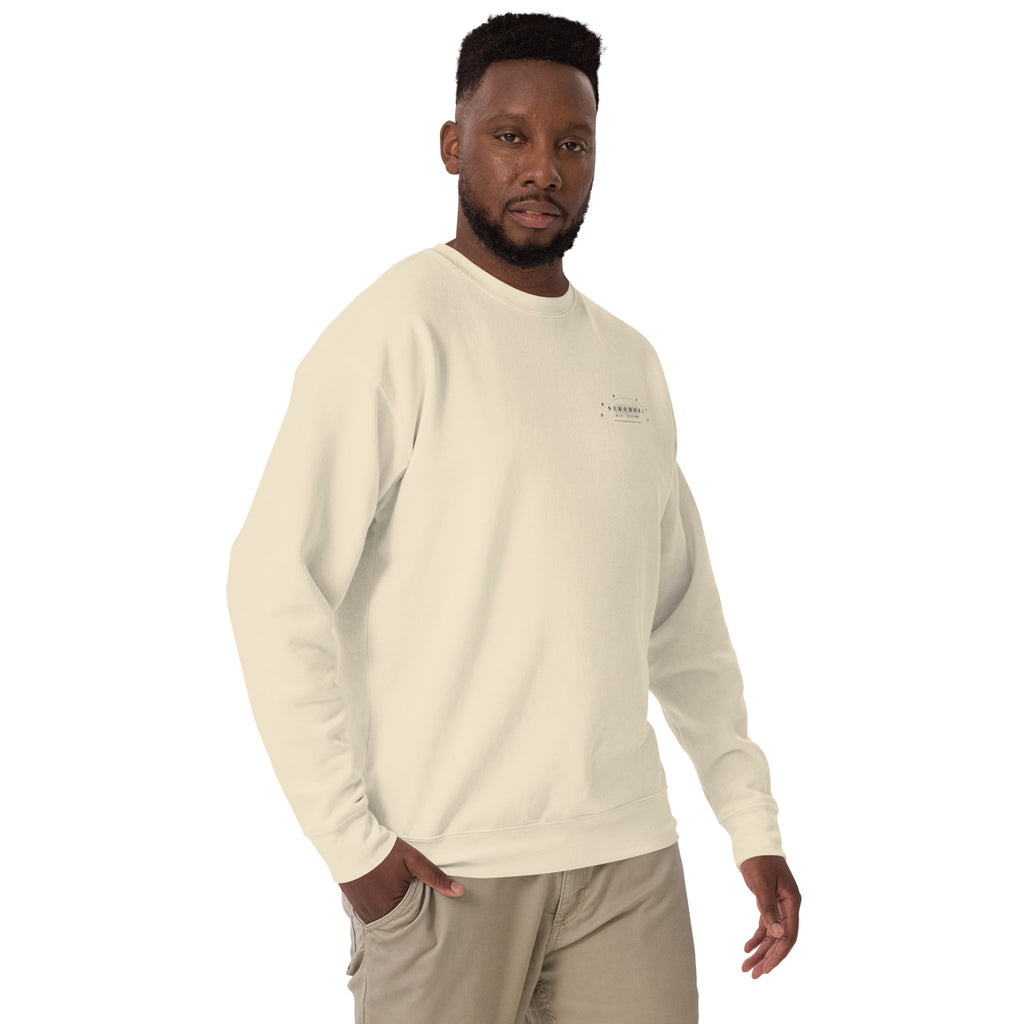 Bone Contour Cat line-art sweatshirt shown from the front right, showing the ribbed collar and set-in sleeve of the crewneck.