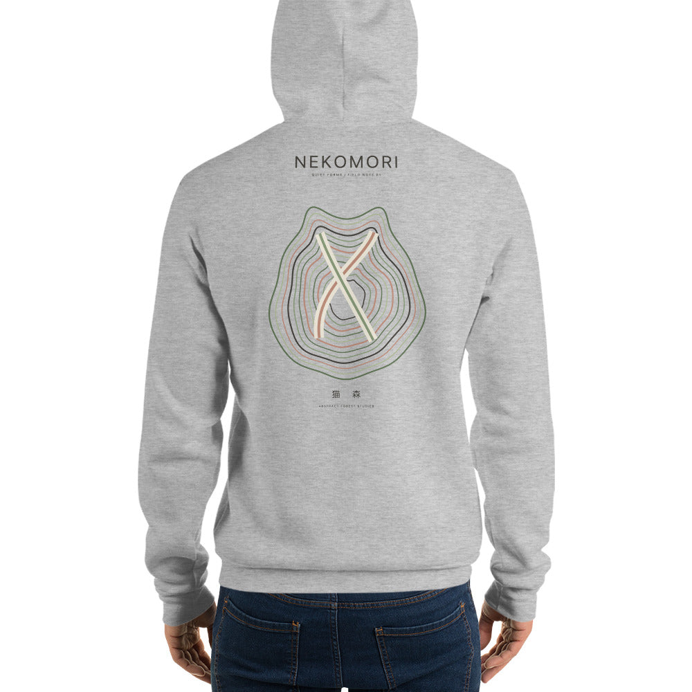 Athletic heather cat hoodie, back view with the topographic contour-line cat print.