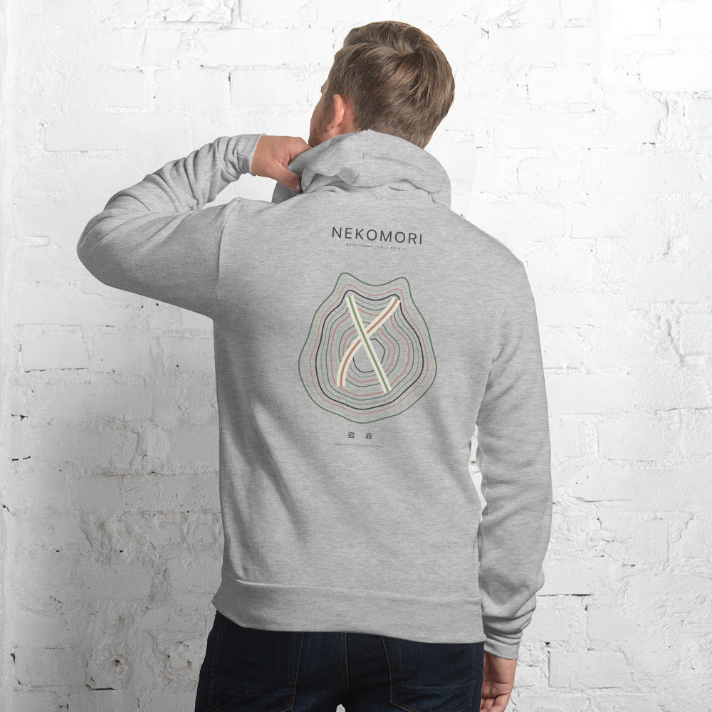 Athletic heather cat hoodie from the back, showing the topographic contour-line cat print.