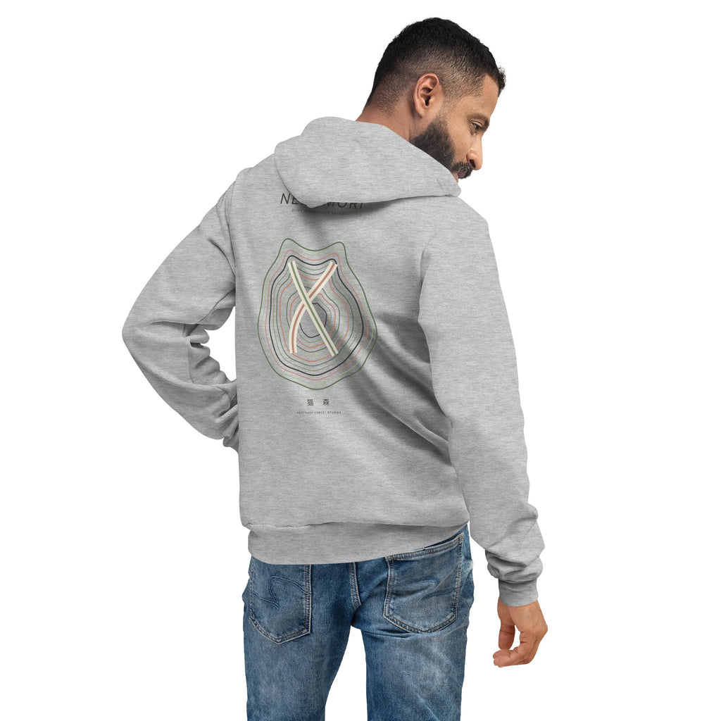 Model seen from behind in the athletic heather cat hoodie, showing the topographic contour cat back print.