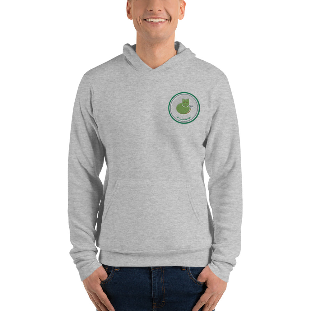 Second front view of the athletic heather Contour Cat line-art hoodie with the left-chest cat-and-sprout emblem.