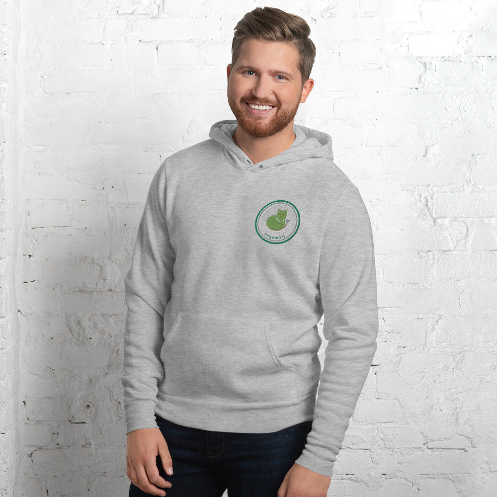 Athletic heather cat hoodie, front view with the cat-and-sprout emblem at the left chest.