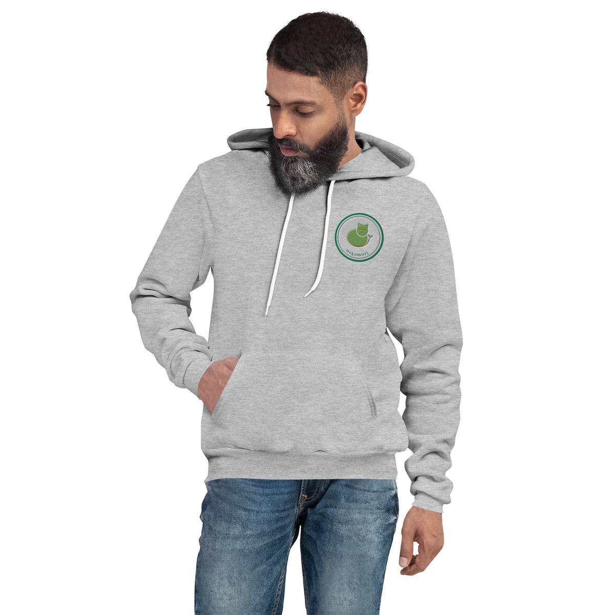 Athletic heather midweight fleece cat hoodie, front view with the circular cat-and-sprout chest mark.