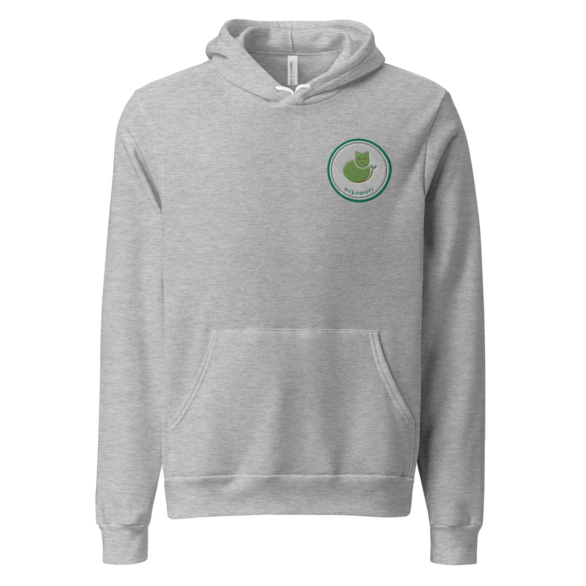 Athletic heather cat hoodie shown from the front, with a small green and cream cat-and-sprout emblem printed at the left chest.