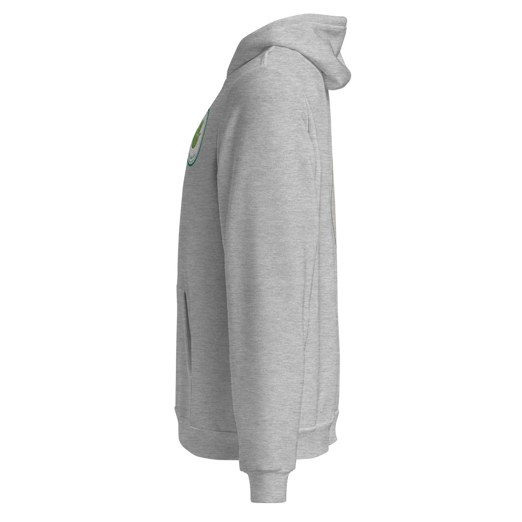 Left profile of the athletic heather Contour Cat hoodie, showing the regular fit and side-seamed body.