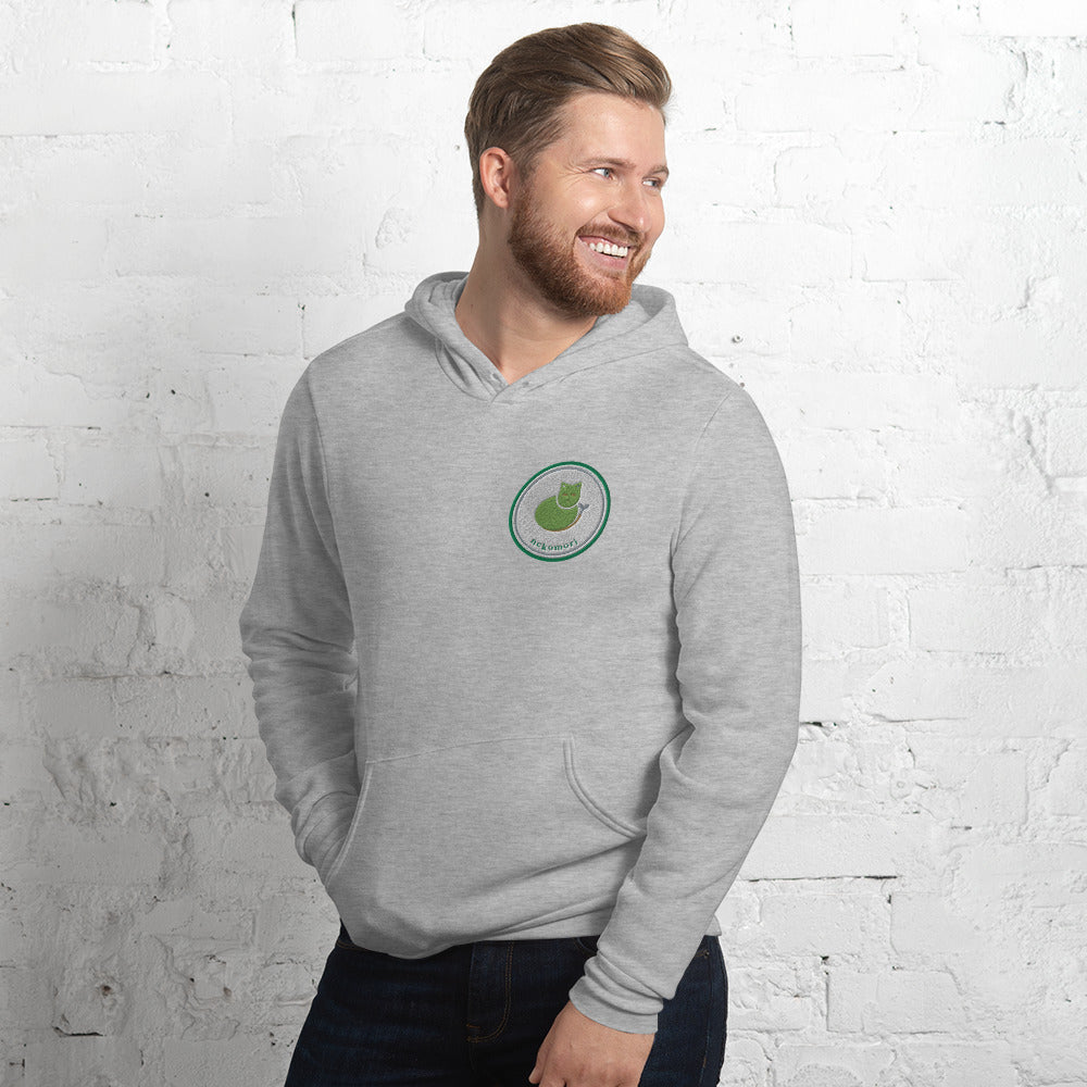 Athletic heather Contour Cat line-art hoodie, front left three-quarter view.