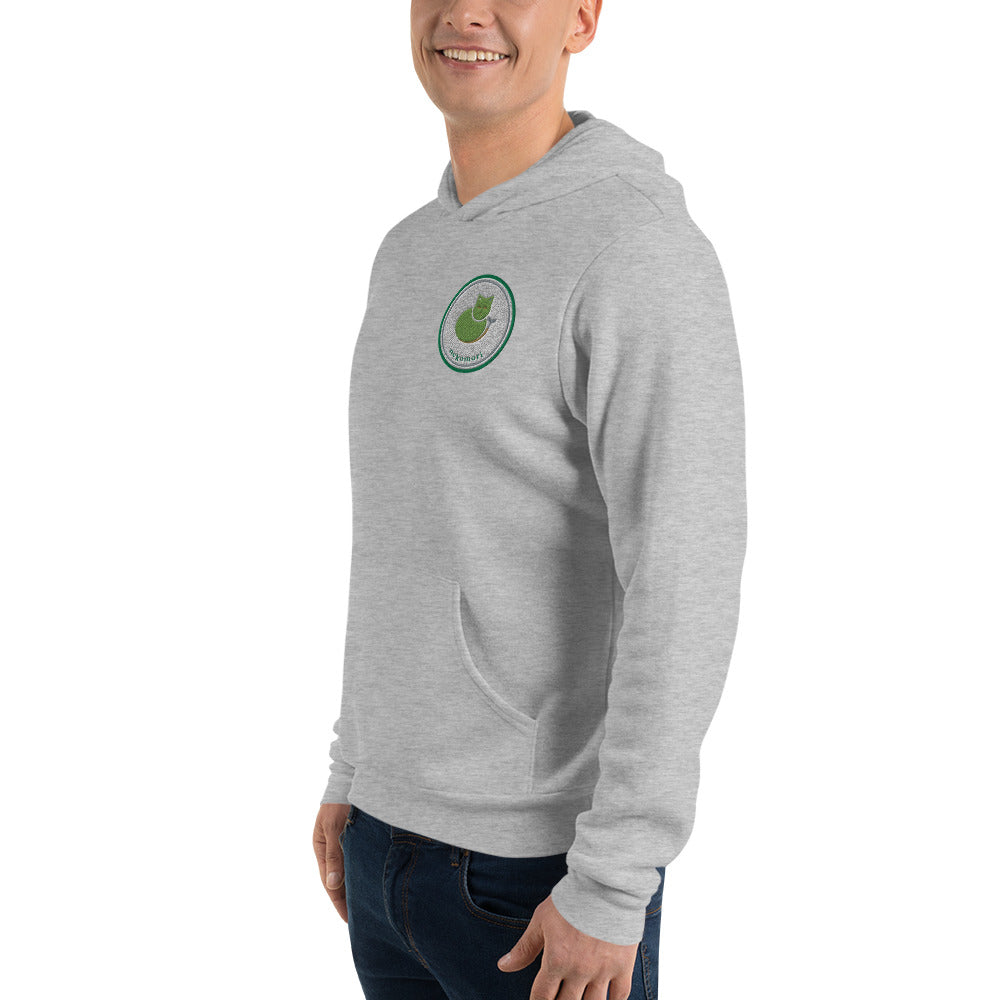 Athletic heather Contour Cat hoodie, front left three-quarter view.