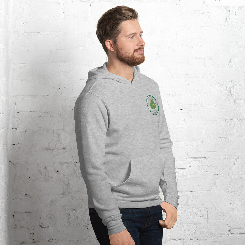 Athletic heather Contour Cat line-art hoodie, front right three-quarter view.