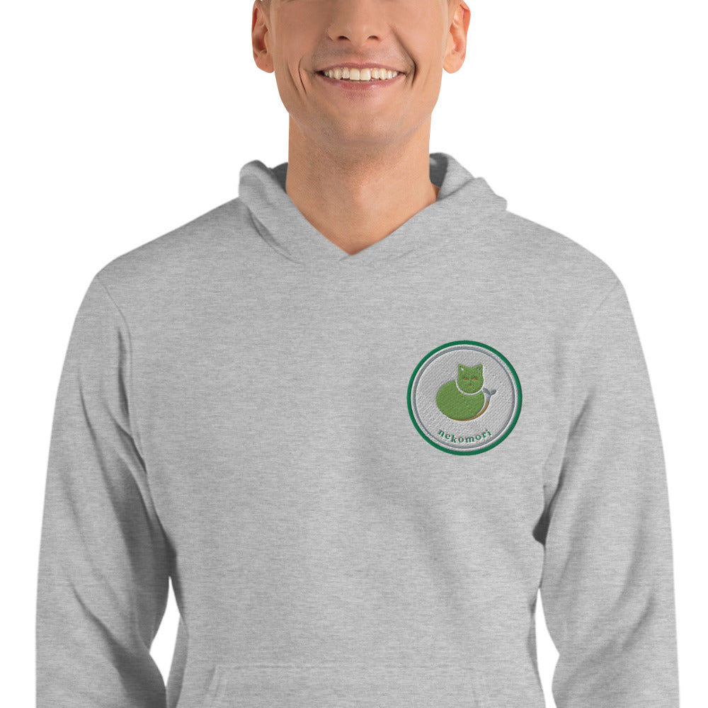 Close-up of the contour cat line work printed on athletic heather fleece.