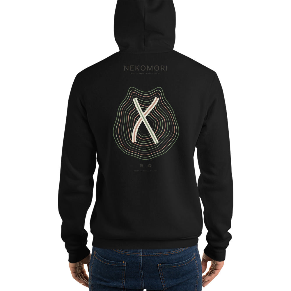 Black cat hoodie, back view with the topographic contour-line cat print.