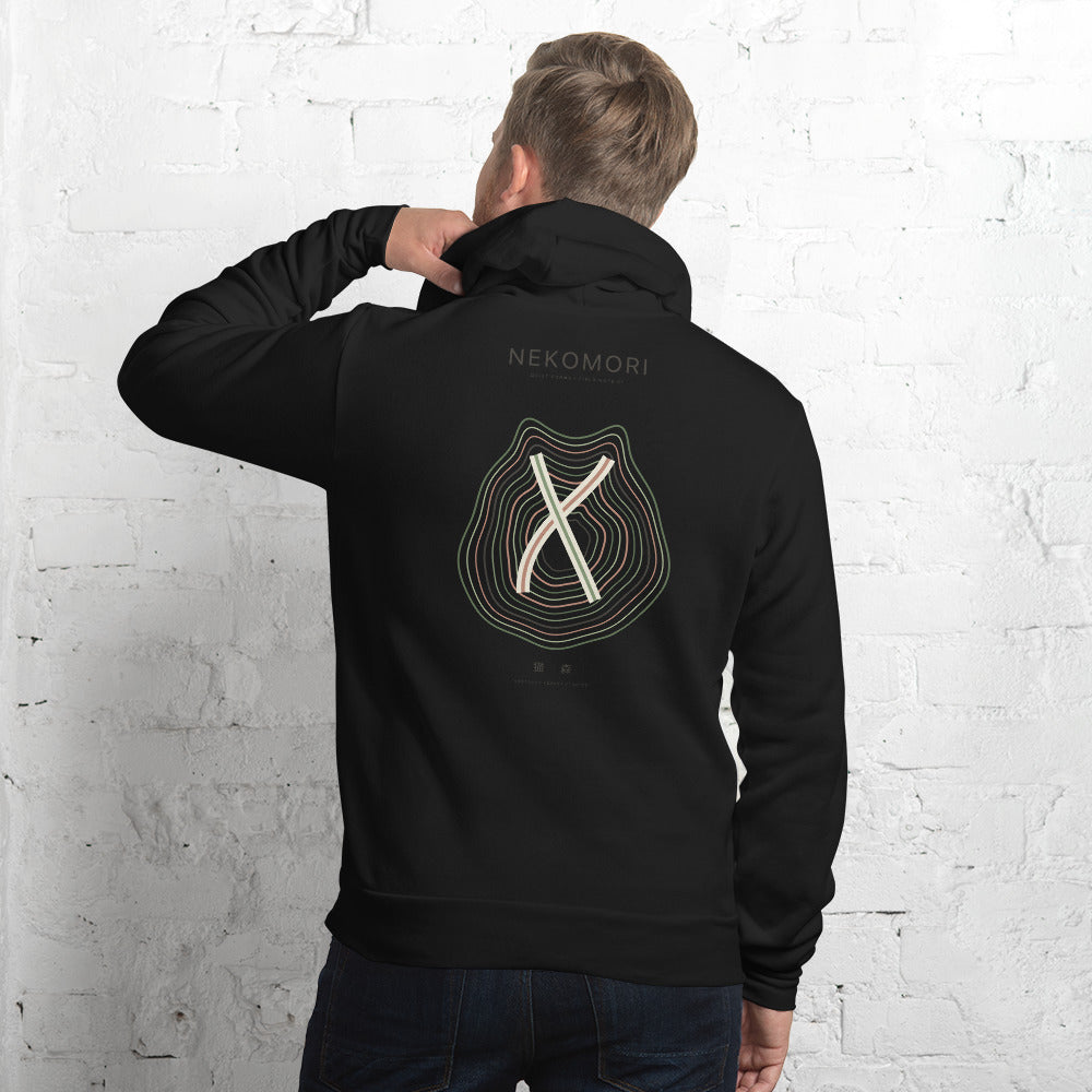 Black cat hoodie from the back, showing the topographic contour-line cat print.