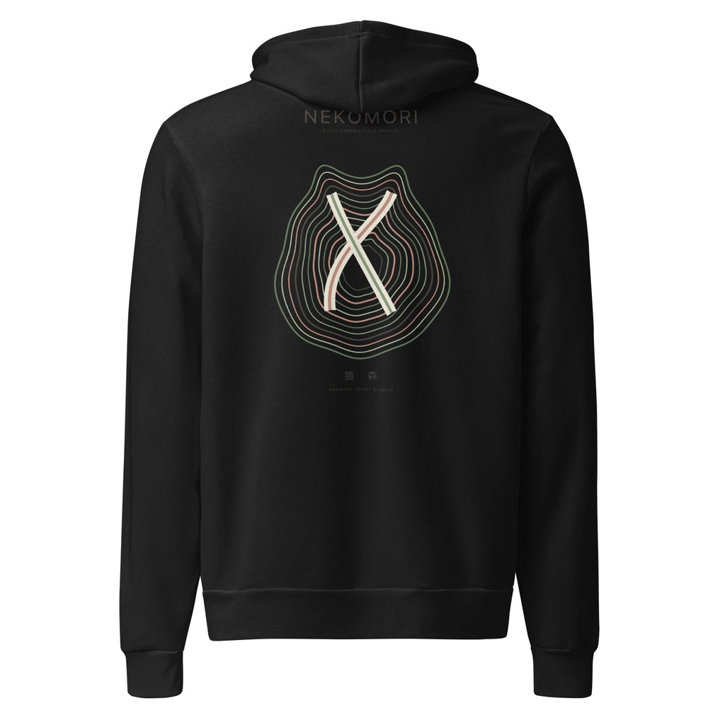 Back of the black Contour Cat hoodie: concentric contour rings forming a sleeping cat, crossed by a diagonal, Nekomori printed above.