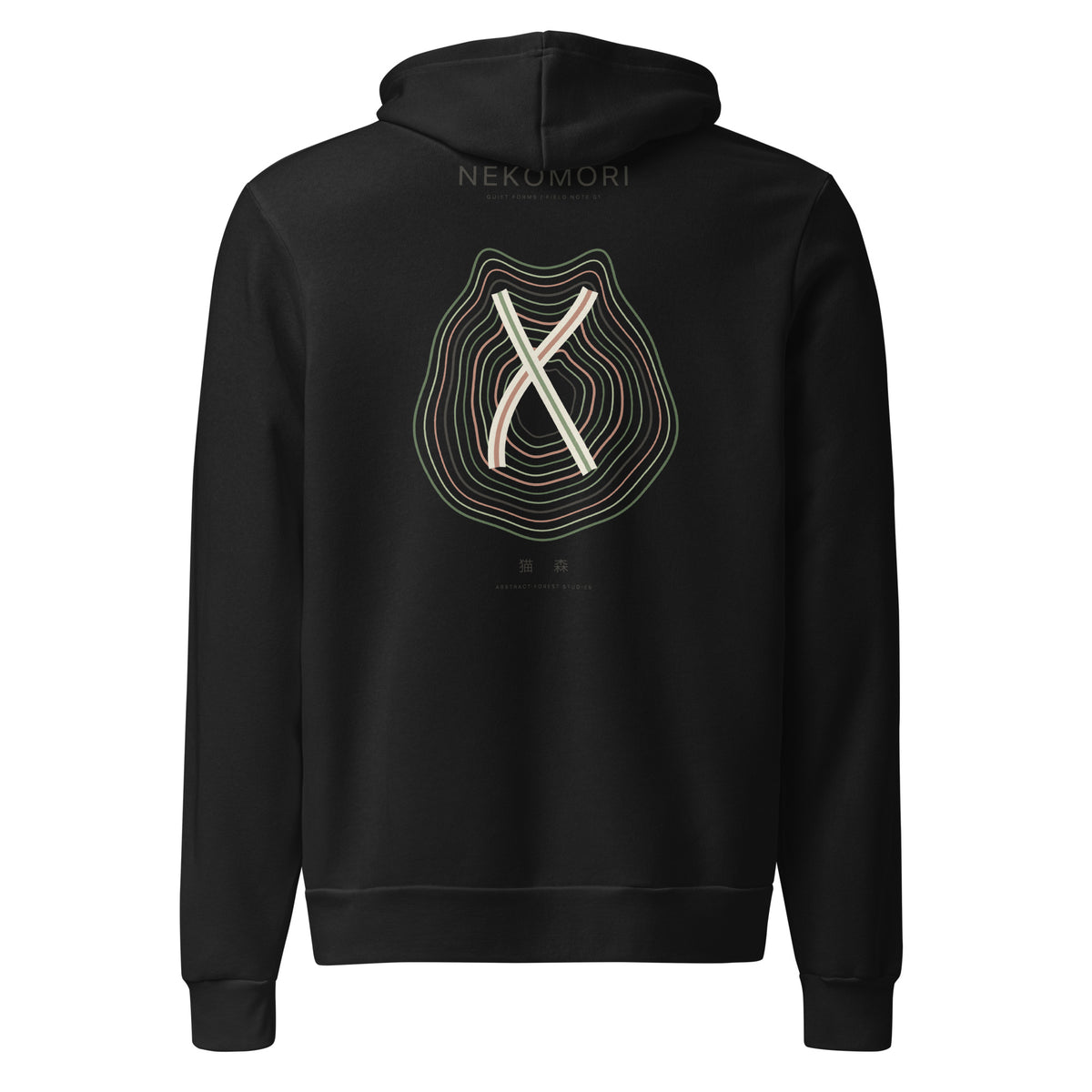 Back of the black Contour Cat hoodie: concentric contour rings forming a sleeping cat, crossed by a diagonal, Nekomori printed above.