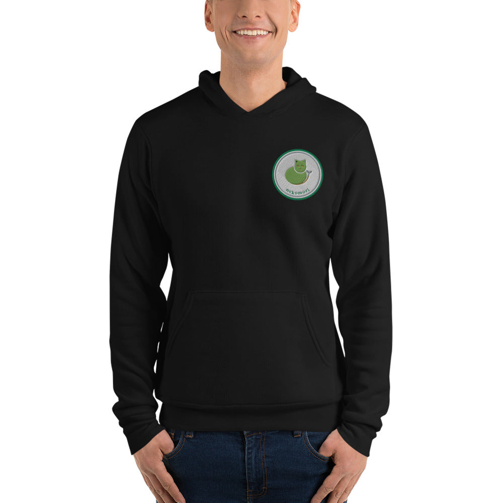 Second front view of the black Contour Cat line-art hoodie with the left-chest cat-and-sprout emblem.