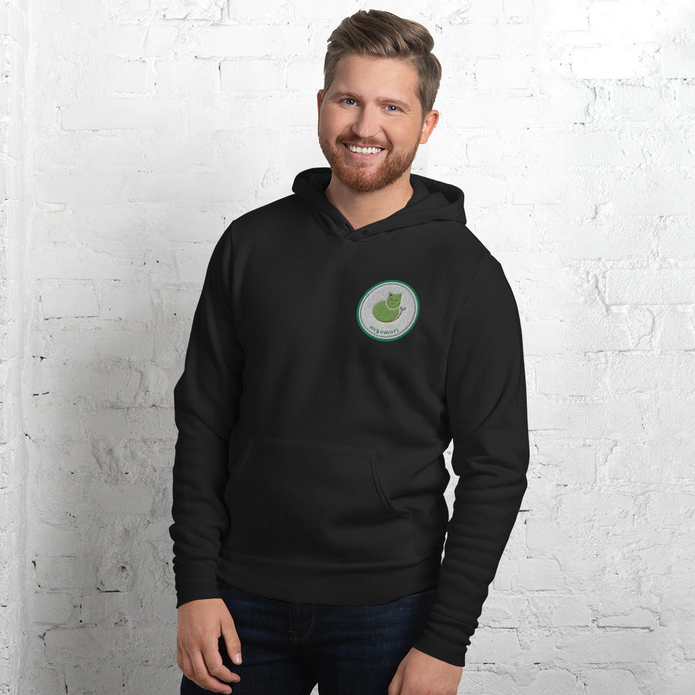 Black cat hoodie, front view with the cat-and-sprout emblem at the left chest.