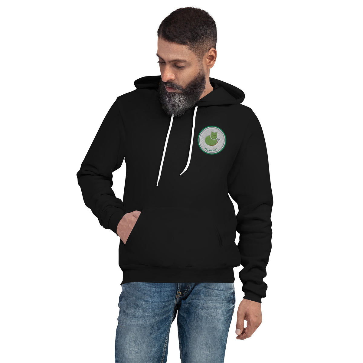 Black midweight fleece cat hoodie, front view with the circular cat-and-sprout mark at the left chest.