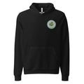Black Contour Cat line-art hoodie shown from the front, with the small circular cat-and-sprout mark at the left chest.