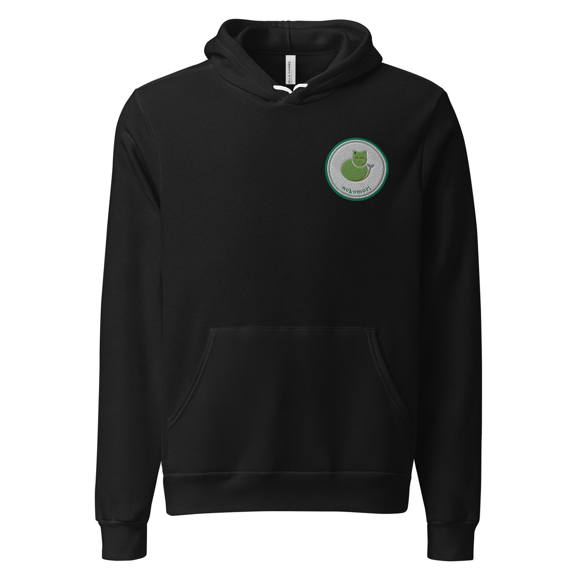 Black Contour Cat line-art hoodie shown from the front, with the small circular cat-and-sprout mark at the left chest.