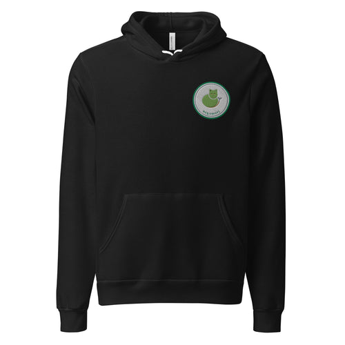 Black Contour Cat line-art hoodie shown from the front, with the small circular cat-and-sprout mark at the left chest.