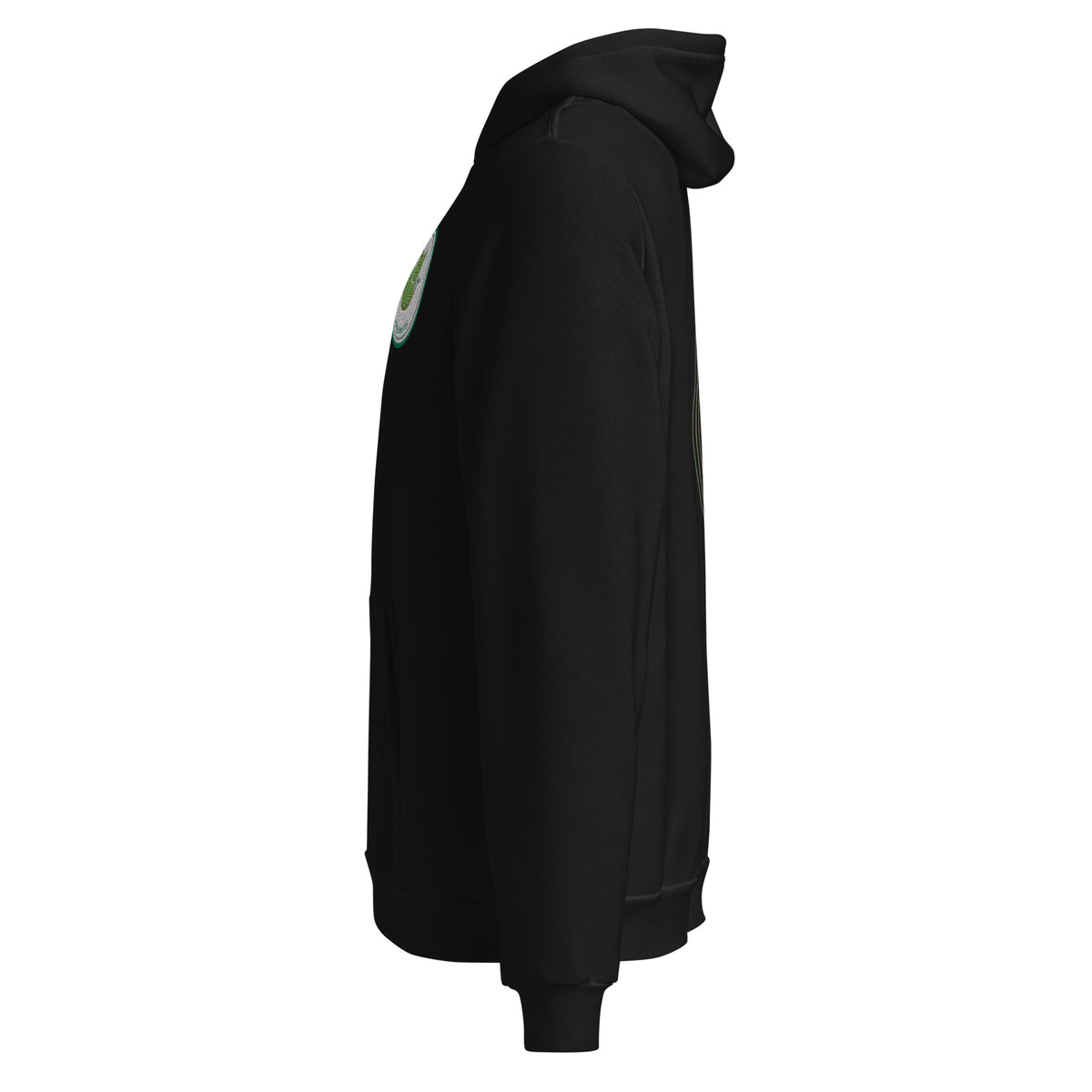 Left profile of the black Contour Cat line-art hoodie, showing the ribbed cuff and the small chest emblem.