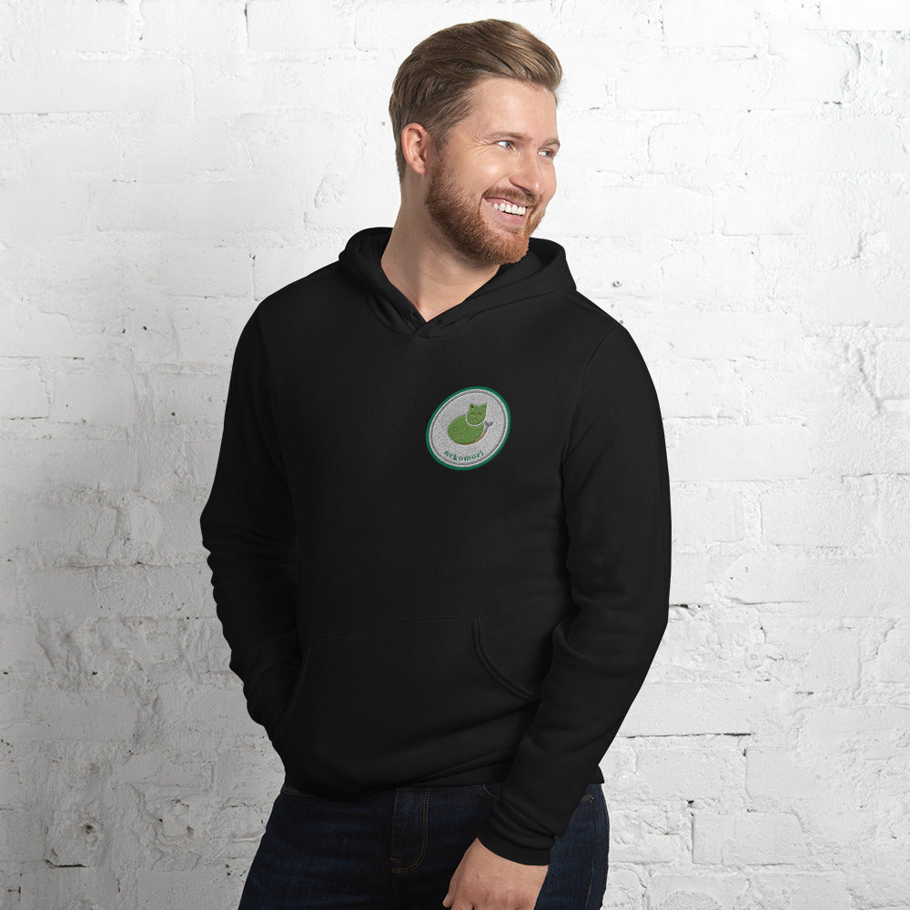 Black Contour Cat line-art hoodie, front left three-quarter view.