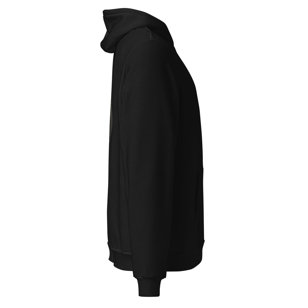 Right profile of the black Contour Cat line-art hoodie on a plain background.