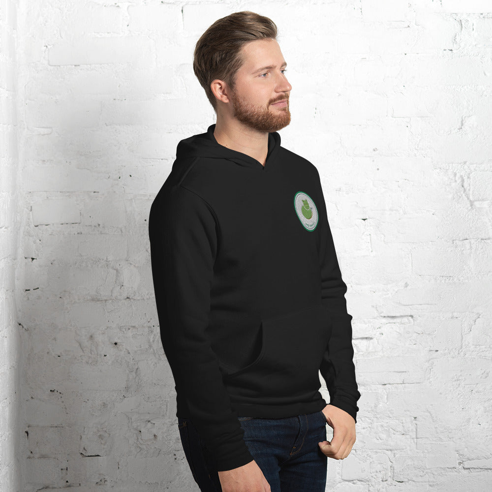 Black Contour Cat line-art hoodie, front right three-quarter view.