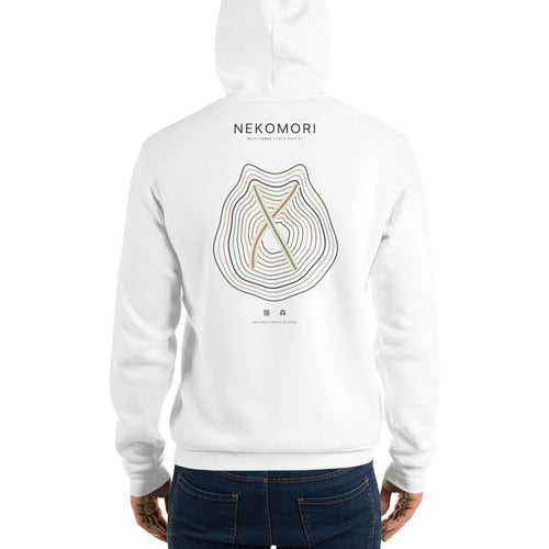 White unisex pullover cat hoodie shown from the back, printed with a large topographic contour-line cat graphic under the Nekomori wordmark.