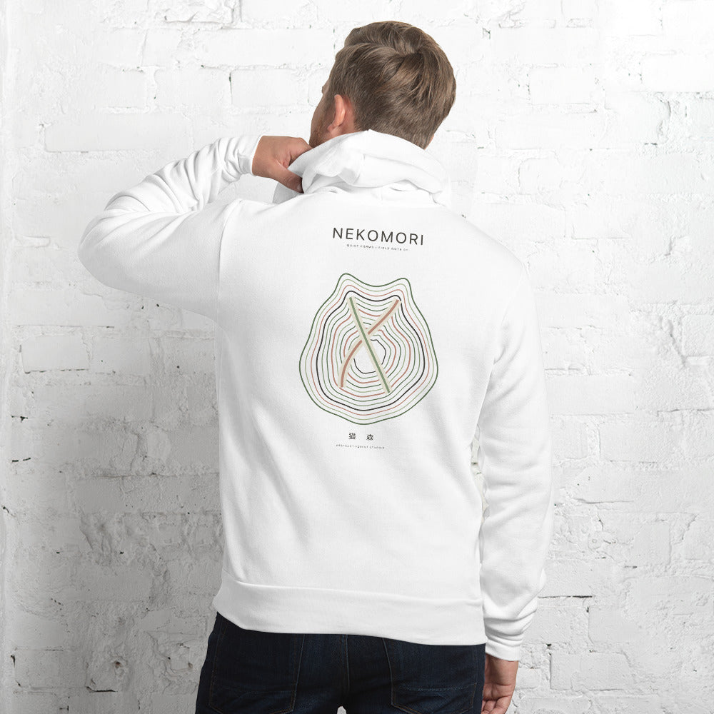 White cat hoodie from the back, showing the topographic contour-line cat print.