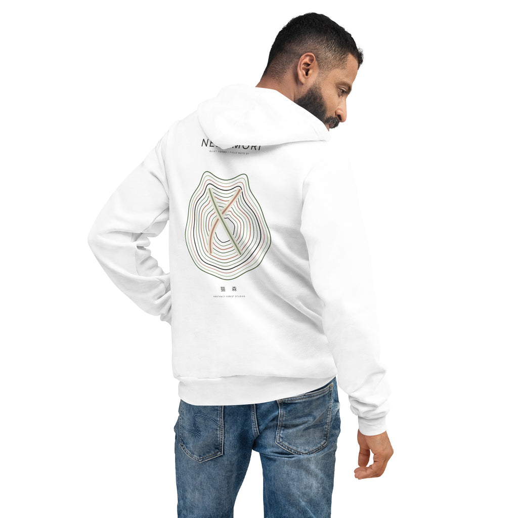Model seen from behind in the white cat hoodie, showing the topographic contour-line cat back print and Nekomori wordmark.