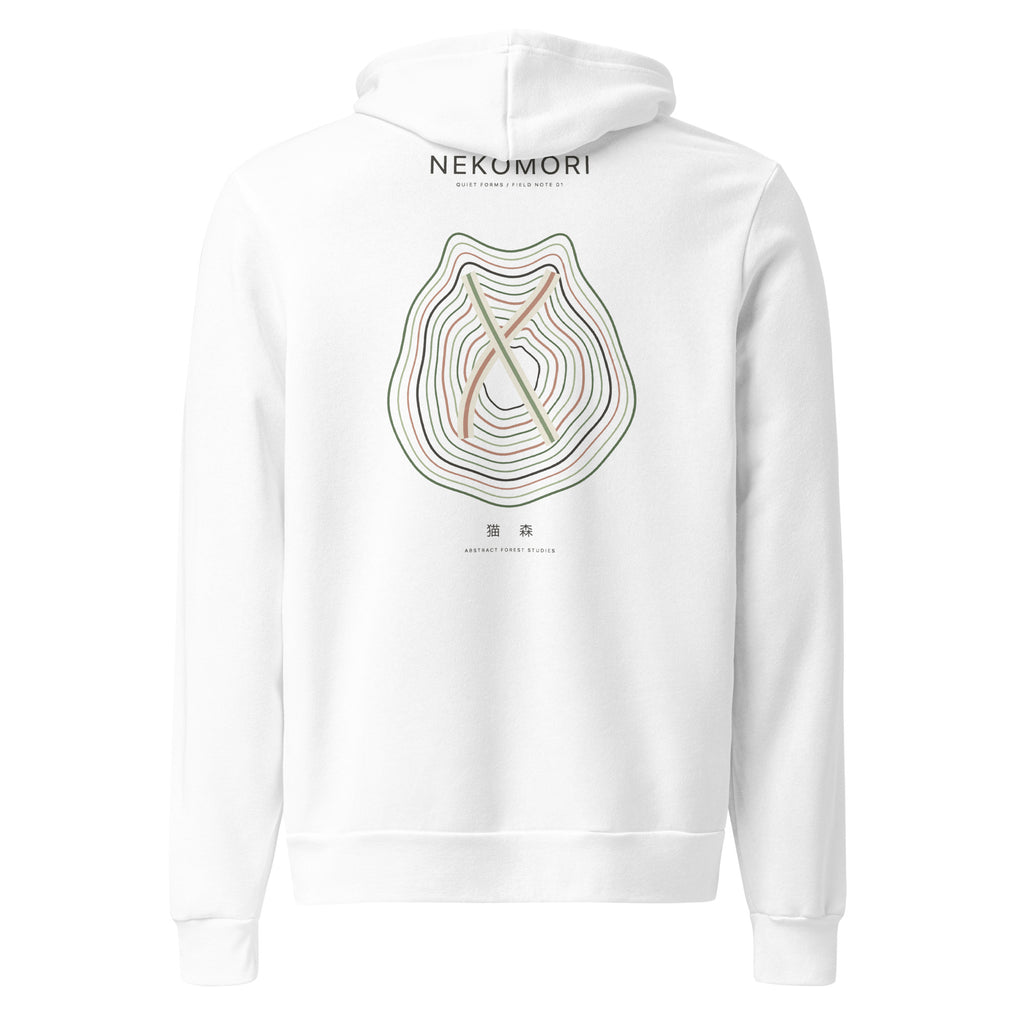 Back of the white Contour Cat hoodie, showing the minimalist topographic cat line graphic beneath the Nekomori wordmark.