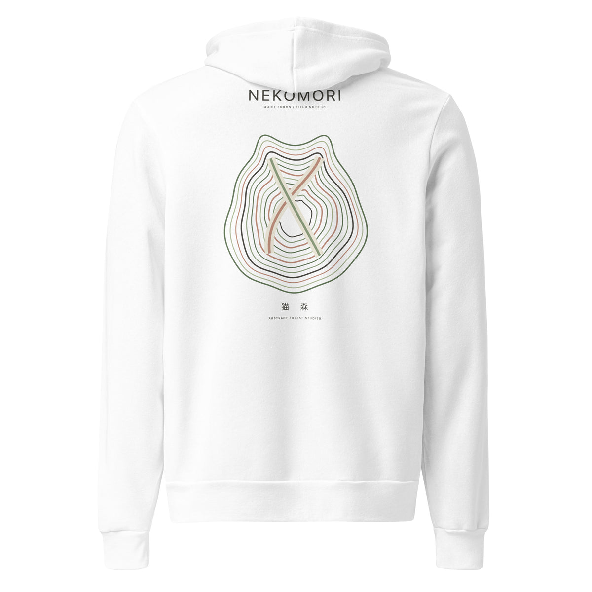 Back of the white Contour Cat hoodie, showing the minimalist topographic cat line graphic beneath the Nekomori wordmark.
