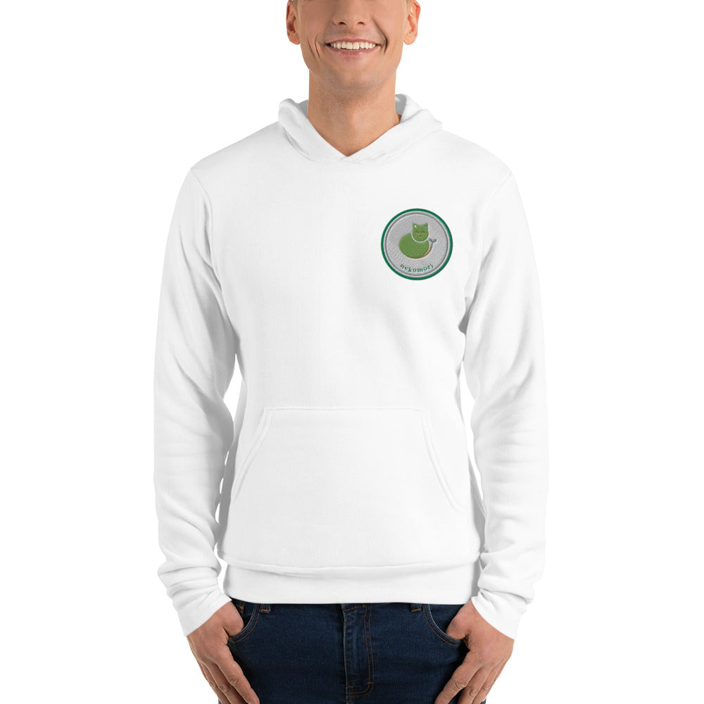 White cat hoodie, front view with the cat-and-sprout emblem at the left chest.